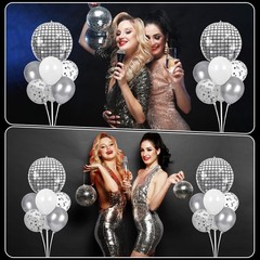 Disco Ball Party Balloons Stand Kit 2 Sets with 2 Silver 4D Discoball Foil Ba…