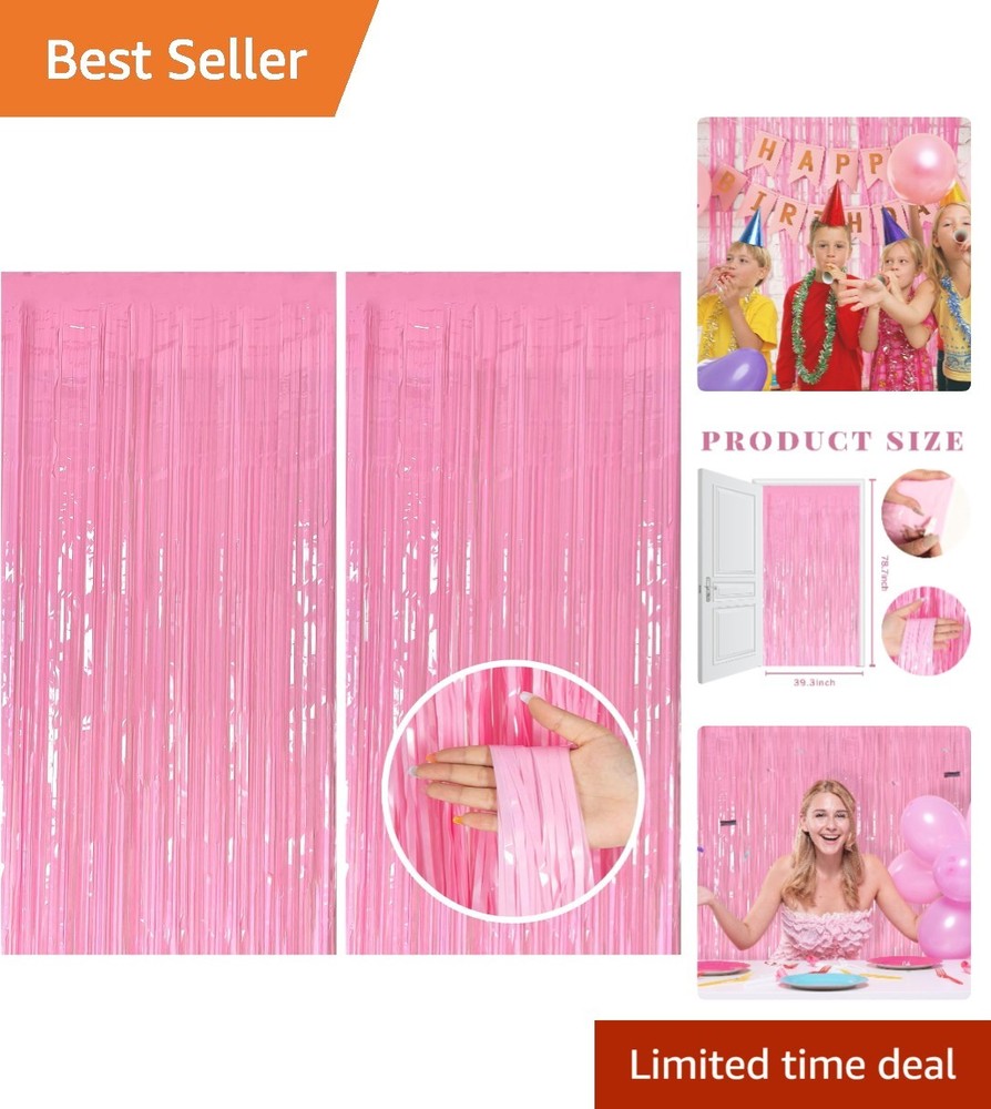 High-Quality Foil Fringe Pink Tinsel Curtains – 2 Pack for Versatile Events