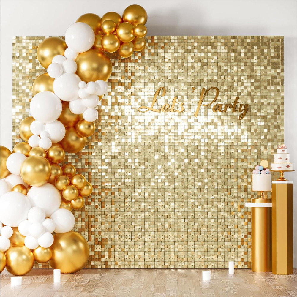 24PCS Gold Shimmer Wall Backdrop Panels 12″x12″ Square Sequins on Grid