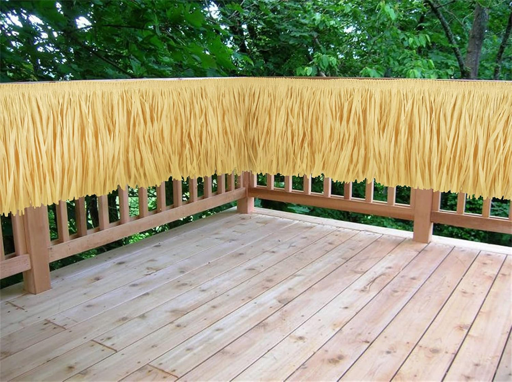 Hawaiian Luau Grass Raffia Fringe Banner Table Skirt for Tropical Birthday Party