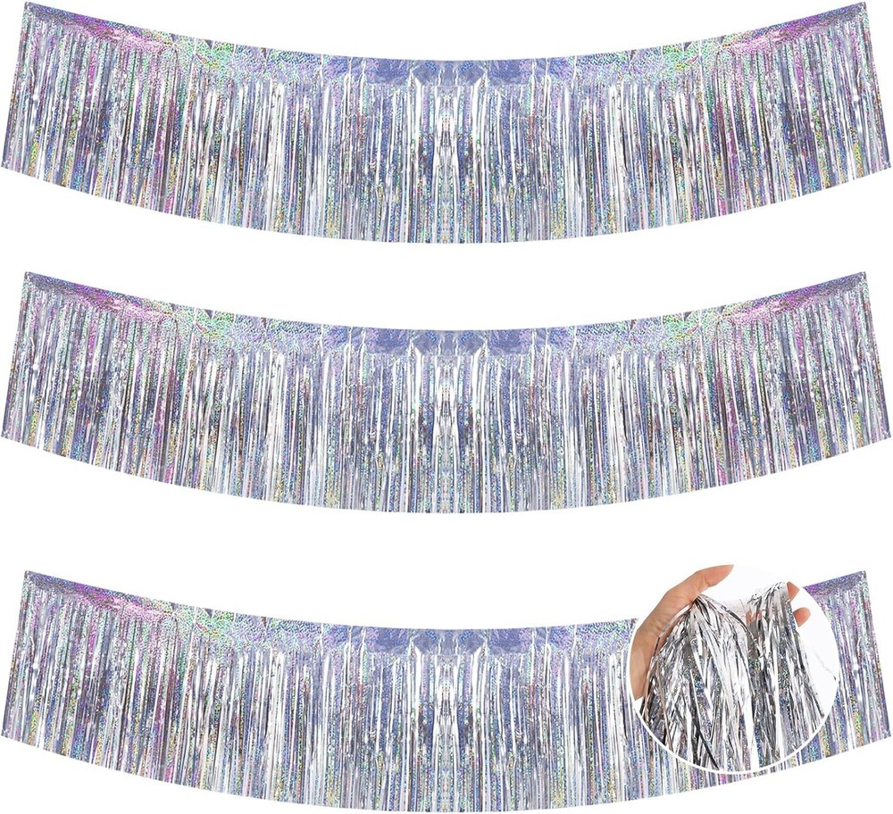 3 Packs 30 Feet Metallic Foil Fringe Garland Tinsel Streamers，Laser Silver Wall