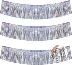3 Packs 30 Feet Metallic Foil Fringe Garland Tinsel Streamers，Laser Silver Wall