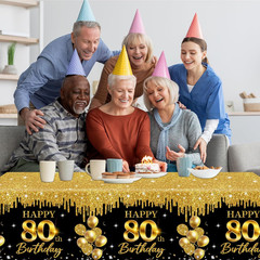 80th Birthday Tablecloth, 3Pcs Black Gold 80th Birthday Decorations Table Cloth