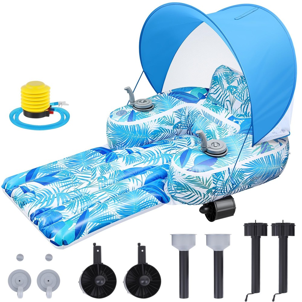 Motorized Inflatable Pool Float with Canopy & Cup Holders for Adults