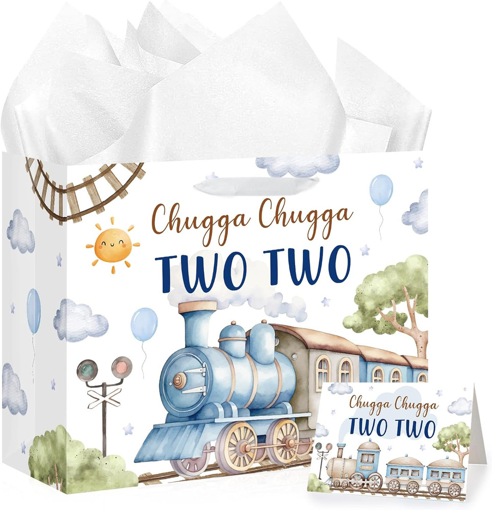 Chugga Chugga Two Two Party Decorations – Train 2Nd Birthday Gift Bag with Wrapp