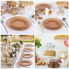 FLOWERCAT 100PCS Clear Brown Plastic Plates – Heavy Duty Plastic Plates Dispo…