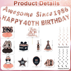12 Pcs 40Th Birthday Decorations for Women Her,Black Rose Gold Happy 40Th Birthd