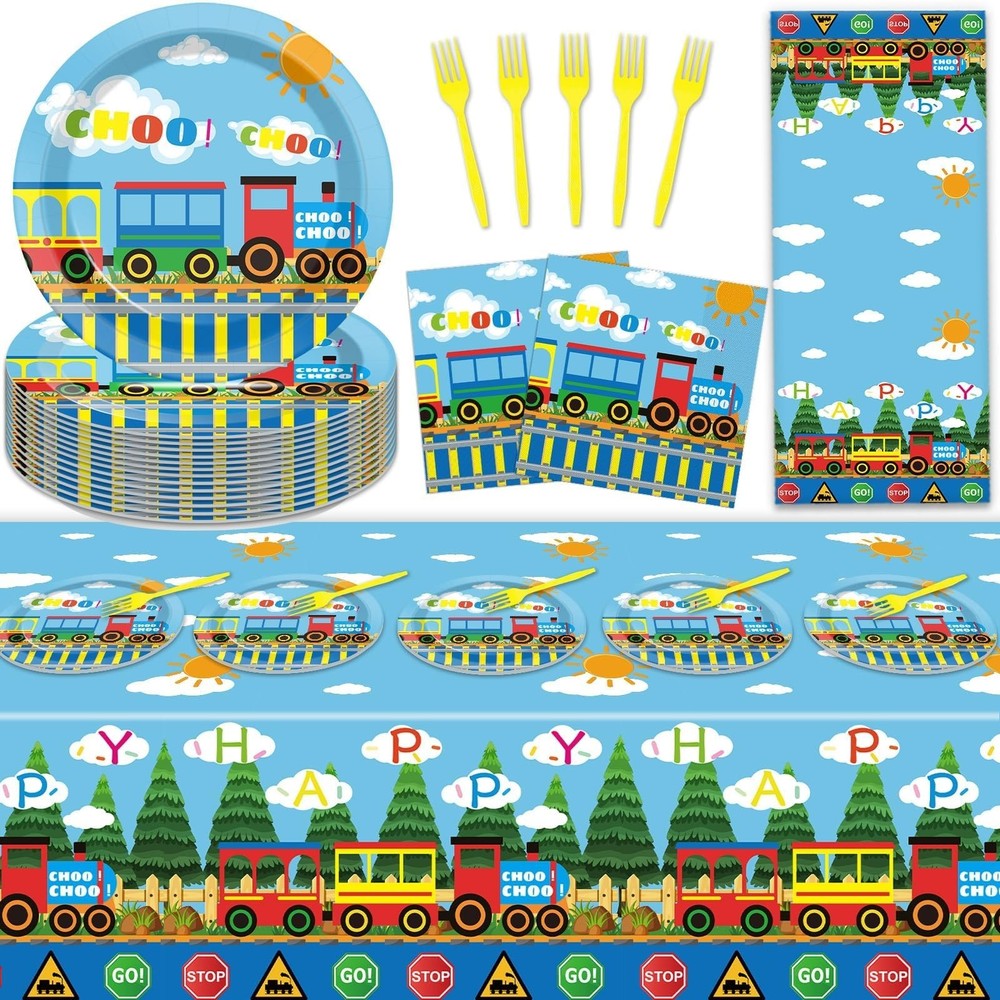 61 Pcs Train Birthday Decorations Chugga Choo Party Tableware Set Cartoon Car…