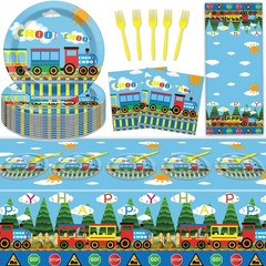 61 Pcs Train Birthday Decorations Chugga Choo Party Tableware Set Cartoon Car…