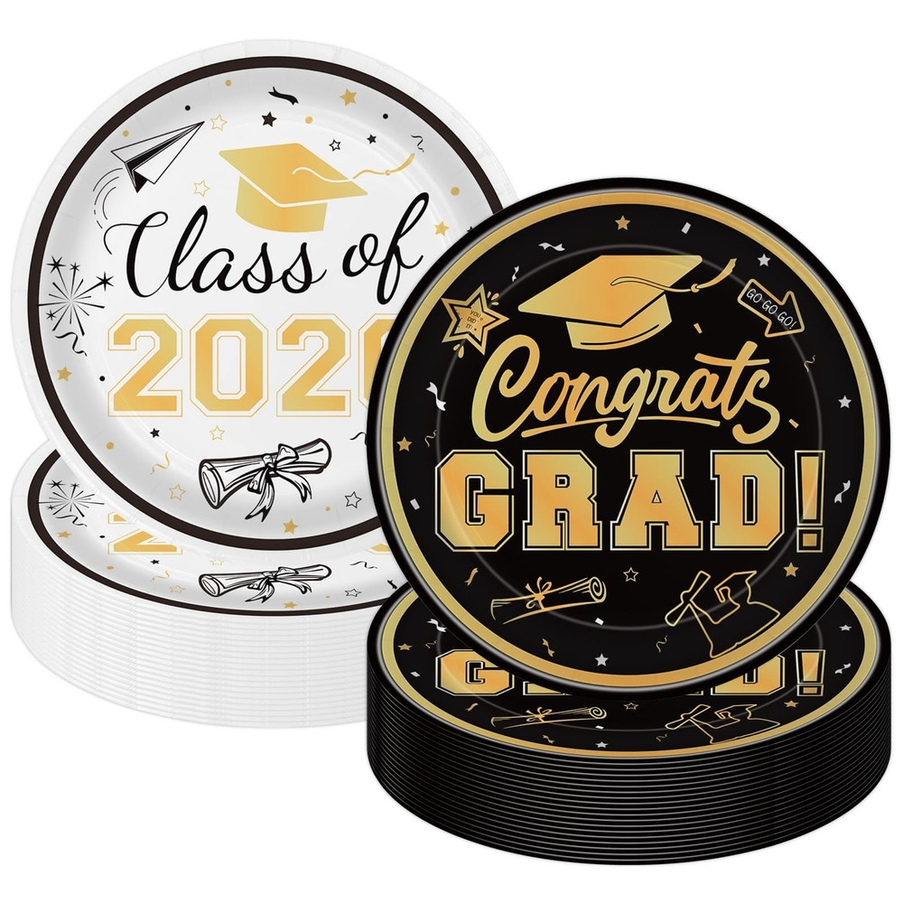 48 Pcs Graduation Plates 7 Inch, Disposable Black & White Gold Grad Paper Pla…
