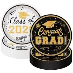 48 Pcs Graduation Plates 7 Inch, Disposable Black & White Gold Grad Paper Pla…