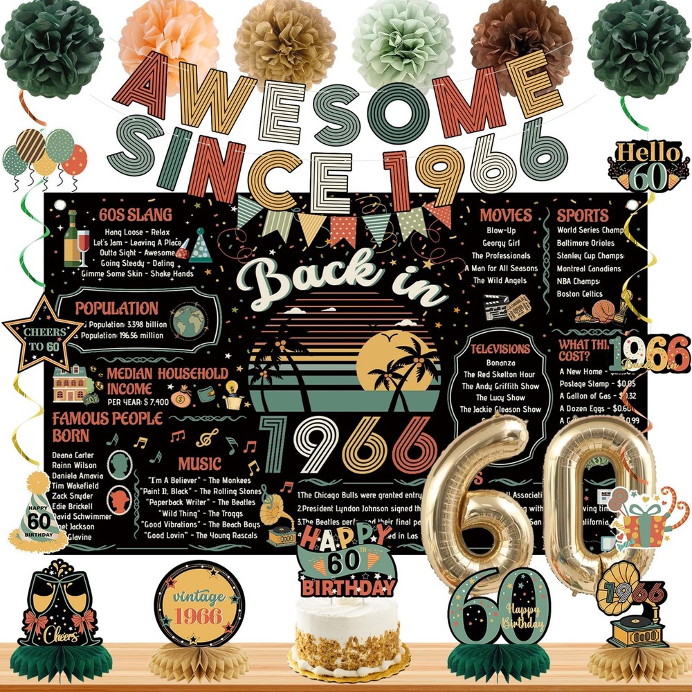 60th Birthday Party Decorations, Vintage 1966 Poster, Cheers Banner, Balloons &