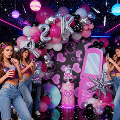 Y2K 2000S Party Decorations, 135Pcs Hot Pink Black Hip Hop Balloons Arch Garland