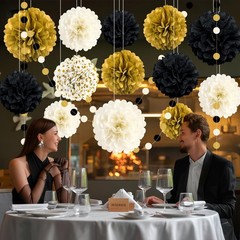 Black and Gold Party Decorations, 16 PCS Tissue Paper Pom Poms Dots Paper Gar…