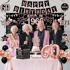 60Th Birthday Decorations, Rose Gold Black Back in 1966 Party Supplies Kit with