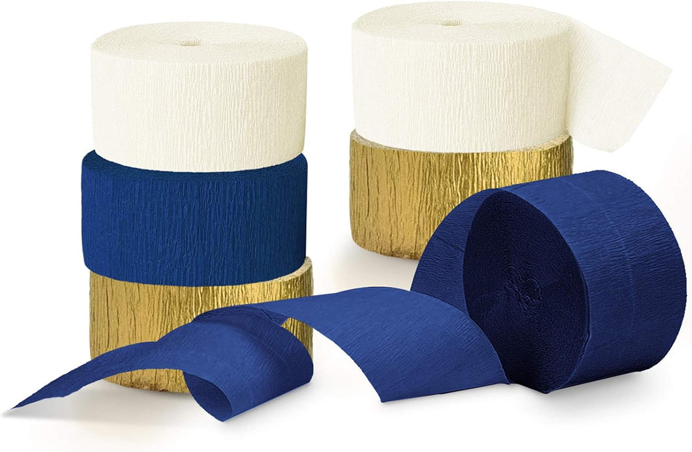 Navy Blue Party Decorations – 6 Rolls Navy Blue Gold Ivory Crepe Paper Streamers