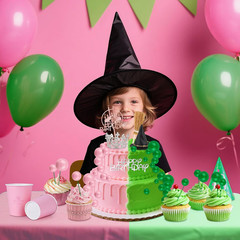 44-Piece Pink & Green Cake Topper Set Witch Hat Crown Balloons Birthday Decor