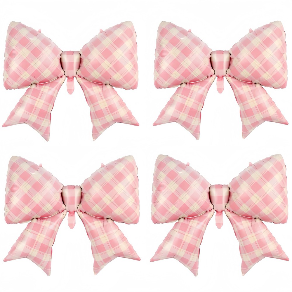 4Pcs Pink Plaid Bow Balloons 38″/Gingham Bowknot Foil Balloons for Silly Goos…