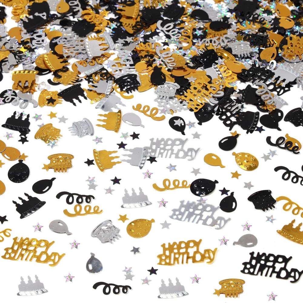 Gold and Black Happy Birthday Confetti, 3000 Pcs Birthday Cake Table Metallic Fo