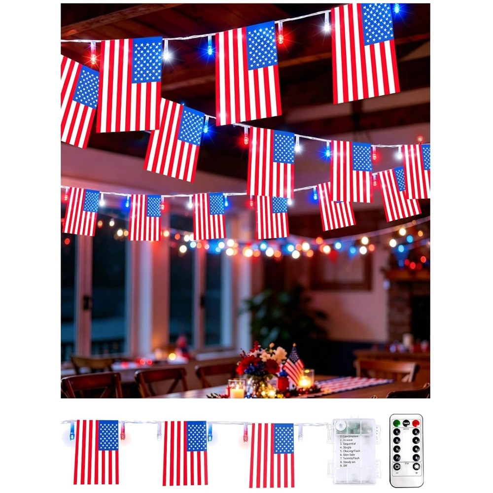 Waterproof Patriotic String Lights, Remote & Timer Control