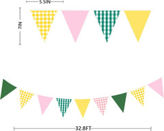 32Ft Camp Bride Party Decorations Pink Green Yellow Gingham Fabric Triangle Bann