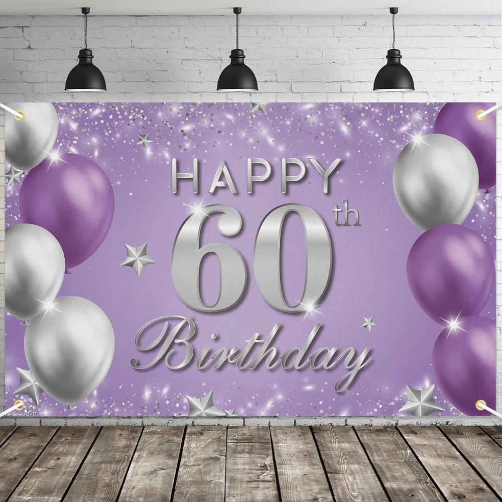Happy 60th Birthday Banner, Purple Silver 60th Birthday Party Decorations for…