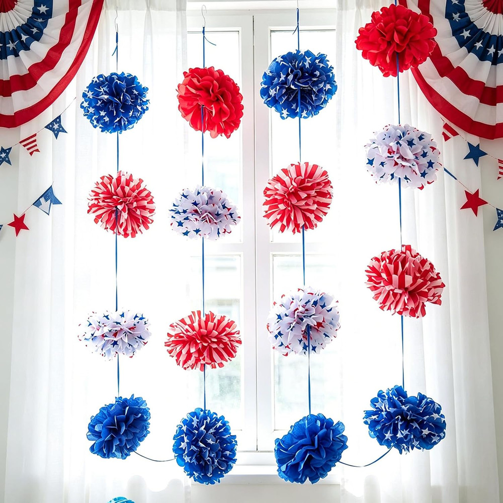 Red White and Blue Tissue Paper Pom Pom Garlands, Patriotic Decorations, Paper P