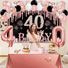 40th Birthday Decorations Women, 49pcs Black Rose Gold & & White