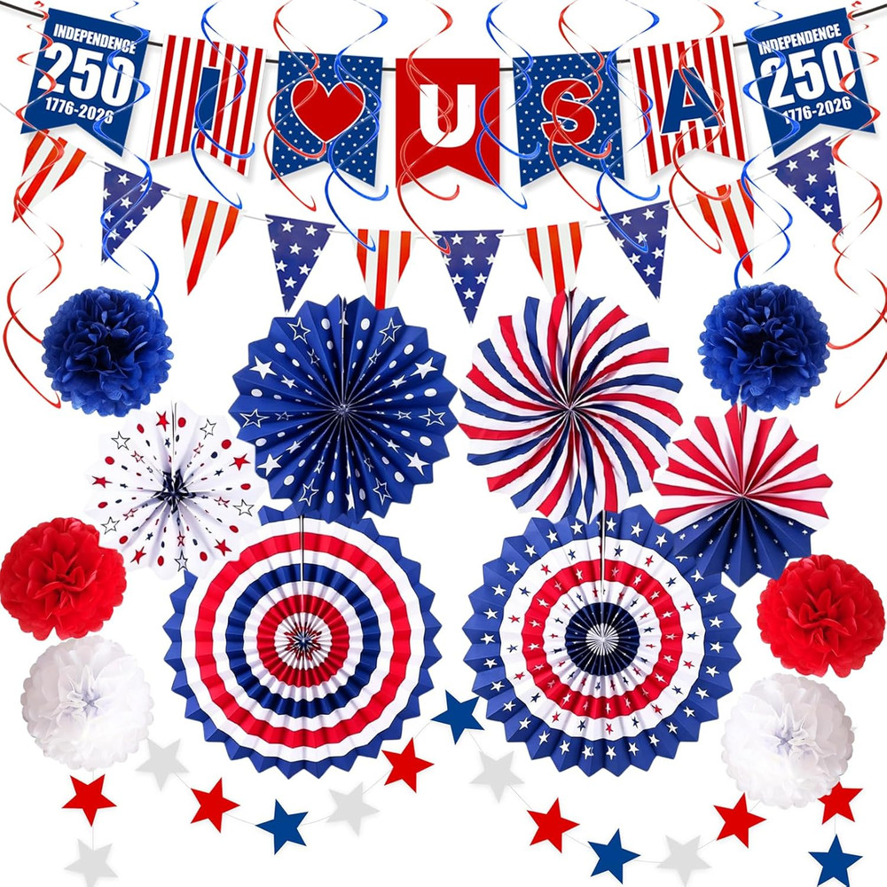 4Th of July Decorations 37PCS Patriotic Decorations Red White Blue Paper Fans US