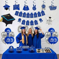 Royal Blue Silver 2026 Graduation Party Decor – Balloons, Banner, Swirls & Cente
