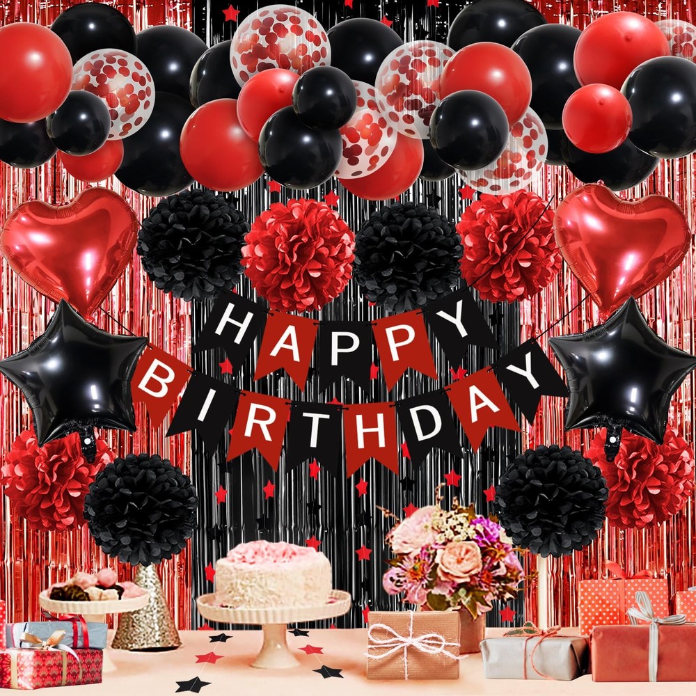 Red Black Birthday Party Decorations, Happy Birthday Banner Pompoms Balloon A…