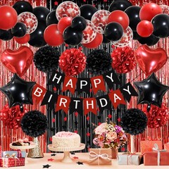 Red Black Birthday Party Decorations, Happy Birthday Banner Pompoms Balloon A…