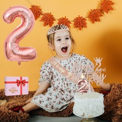 Rose Gold 2nd Birthday Decorations Set for Girls – Sash, Tiara, Cake Topper, Bal