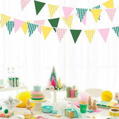 32Ft Camp Bride Party Decorations Pink Green Yellow Gingham Fabric Triangle Bann