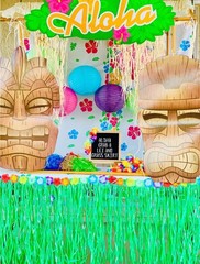 Realistic Look Plastic Green Grass Skirt Table Border w/ Tropical Flowers #117