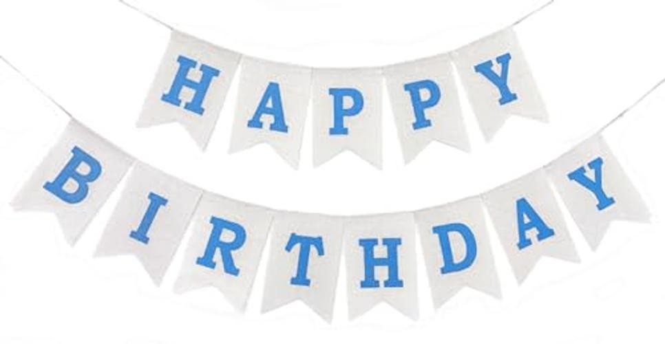 Blue Happy Birthday Banner, Assembled Burlap Happy Birthday Sign for Birthday