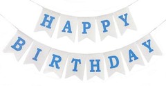 Blue Happy Birthday Banner, Assembled Burlap Happy Birthday Sign for Birthday