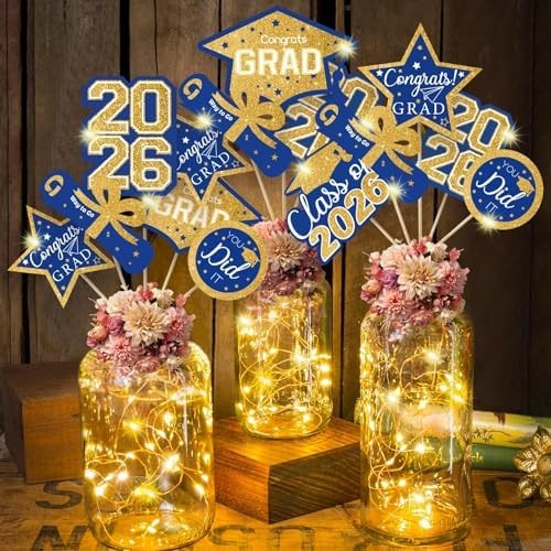 Graduation Decorations Class of 2026-30pcs Blue and Gold Graduation Table Center
