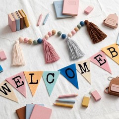 2 Pc Back to School Welcome Banner Pom Pom Tassel Garland Classroom Decor
