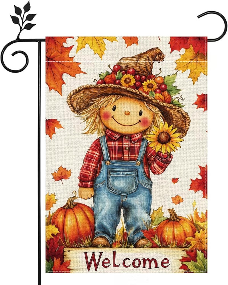 Thanksgiving Garden Flag – 12×18″ Burlap Fall Pumpkin Scarecrow Yard Decor