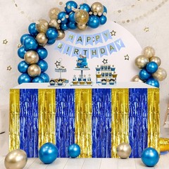 2 Pack Blue Gold Table Skirts Party Decorations Metallic Tinsel Foil Fringe