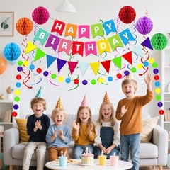 Happy Birthday Party Decoration Set Colorful Banner Honeycomb Balls Swirls