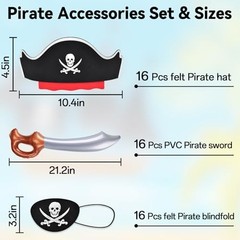 48 Pcs Pirate Accessories for Kids, Include 16 Pirates Hats, 16 48pcs Pirate