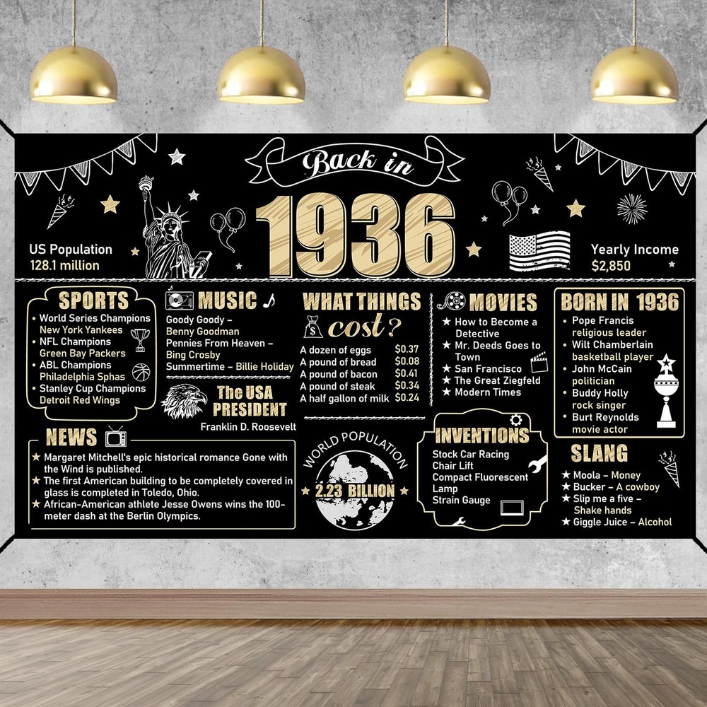 90Th Birthday Black Gold Party Decoration, Back in 1936 Banner 90 Year Old Birth
