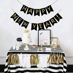 Reusable Black Happy New Banner with Shiny Gold Letters for Celebrations