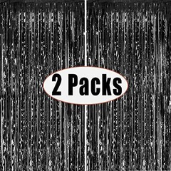 Fecedy 2pcs 3ft x 8.3ft Black Metallic Tinsel Foil Fringe Curtains Photo Booth P