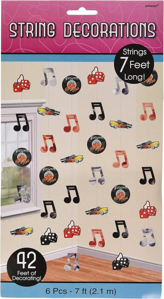 Amscan 50’s Rock and Roll String Decorations, 7ft, Pack of 6, Model 670161