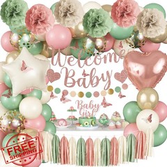 Baby in Bloom Shower Decor, Sage Green Pink Balloons, Banner, Topper