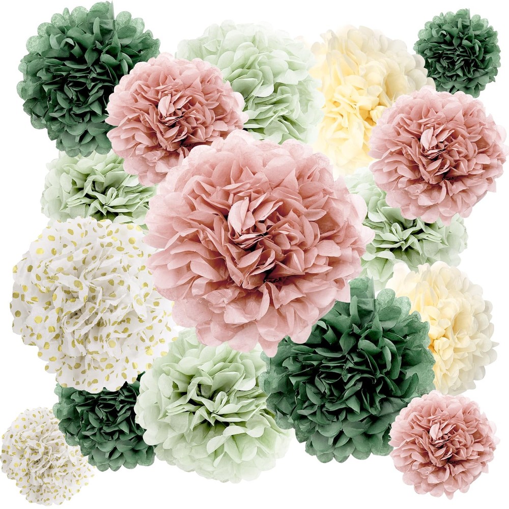 16 PCS Pink Green Party Decorations Tissue Paper Flowers Pom Poms Wall Decor