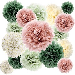 16 PCS Pink Green Party Decorations Tissue Paper Flowers Pom Poms Wall Decor